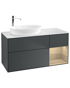 Villeroy und Boch Finion Waschtischunterschrank F931PCHG 120cm, Abdeckplatte white matt, Regale Oak Veneer, Midnight Blue Matt Lacquer