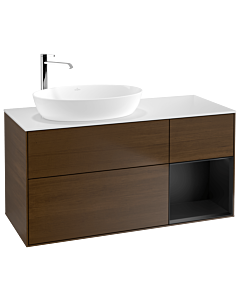 Villeroy und Boch Finion Waschtischunterschrank F931PDGN 120cm, Abdeckplatte white matt, Regale Black matt lacquer, Walnut veneer
