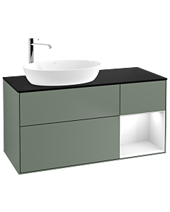 Villeroy und Boch Finion Waschtischunterschrank F932GFGM 120cm, Abdeckplatte black matt, Regale Glossy white lacquer, Olive Matt Lacquer