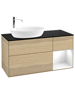 Villeroy und Boch Finion Waschtischunterschrank F932GFPC 120cm, Abdeckplatte black matt, Regale Glossy white lacquer, Oak Veneer