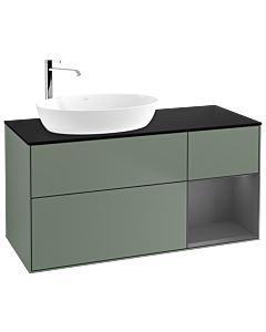 Villeroy und Boch Finion Waschtischunterschrank F932GKGM 120cm, Abdeckplatte black matt, Regale Anthracite matt lacquer, Olive Matt Lacquer
