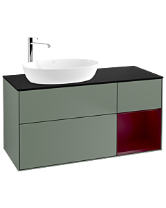 Villeroy und Boch Finion Waschtischunterschrank F932HBGM 120cm, Abdeckplatte black matt, Regale Peony matt lacquer, Olive Matt Lacquer
