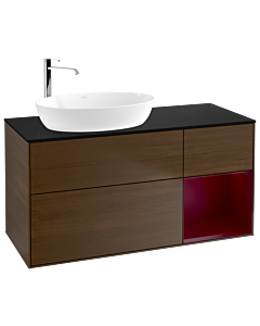 Villeroy und Boch Finion Waschtischunterschrank F932HBGN 120cm, Abdeckplatte black matt, Regale Peony matt lacquer, Walnut veneer