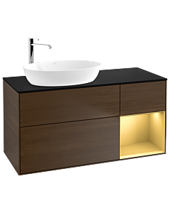 Villeroy und Boch Finion Waschtischunterschrank F932HFGN 120cm, Abdeckplatte black matt, Regale Gold matt lacquer, Walnut veneer