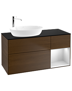Villeroy und Boch Finion Waschtischunterschrank F932MTGN 120cm, Abdeckplatte black matt, Regale White matt lacquer, Walnut veneer