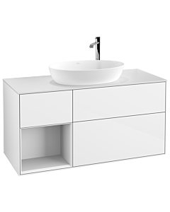 Villeroy und Boch Finion Villeroy und Boch F941GFGF 120cm, plaque de recouvrement blanc mat, étagères Laque blanche brillante, Laque blanche brillante