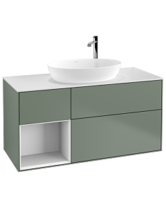 Villeroy und Boch Finion Villeroy und Boch F941GFGM 120cm, plaque de recouvrement blanc mat, étagères Laque blanche brillante, Olive Matt Lacquer