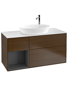 Villeroy und Boch Finion Waschtischunterschrank F941GKGN 120cm, Abdeckplatte white matt, Regale Anthracite matt lacquer, Walnut veneer