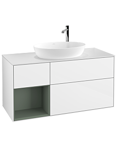 Villeroy und Boch Finion Villeroy und Boch F941GMGF 120cm, plaque de recouvrement blanc mat, étagères laqué olive mat, laqué blanc brillant