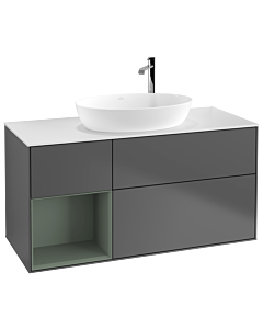 Villeroy und Boch Finion Waschtischunterschrank F941GMGK 120cm, Abdeckplatte white matt, Regale Olive matt lacquer, Anthracite matt