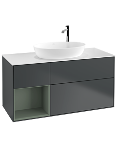 Villeroy und Boch Finion Waschtischunterschrank F941GMHG 120cm, Abdeckplatte white matt, Regale Olive matt lacquer, Midnight Blue Matt Lacquer
