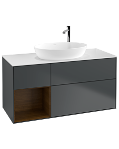 Villeroy und Boch Finion Waschtischunterschrank F941GNHG 120cm, Abdeckplatte white matt, Regale Walnut Veneer, Midnight Blue Matt Lacquer