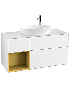 Villeroy und Boch Finion Waschtischunterschrank F941HFGF 120cm, Abdeckplatte white matt, Regale Gold matt lacquer, Glossy white lacquer