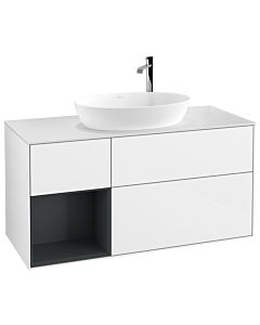 Villeroy und Boch Finion Villeroy und Boch F941HGGF 120cm, plaque de recouvrement blanc mat, étagères laqué mat Midnight, laqué blanc brillant