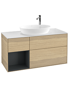 Villeroy und Boch Finion Waschtischunterschrank F941HGPC 120cm, Abdeckplatte white matt, Regale Midnight matt lacquer, Oak Veneer
