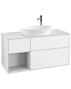 Villeroy und Boch Finion Waschtischunterschrank F941MTGF 120cm, Abdeckplatte white matt, Regale White matt lacquer, Glossy white lacquer