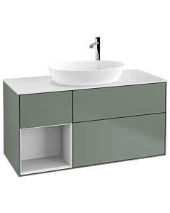 Villeroy und Boch Finion Villeroy und Boch F941MTGM 120cm, plaque de recouvrement blanc mat, étagères laqué blanc mat, Olive Matt Lacquer