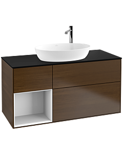 Villeroy und Boch Finion Waschtischunterschrank F942GFGN 120cm, Abdeckplatte black matt, Regale Glossy white lacquer, Walnut veneer