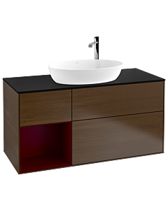 Villeroy und Boch Finion Waschtischunterschrank F942HBGN 120cm, Abdeckplatte black matt, Regale Peony matt lacquer, Walnut veneer