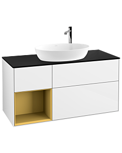 Villeroy und Boch Finion Waschtischunterschrank F942HFGF 120cm, Abdeckplatte black matt, Regale Gold matt lacquer, Glossy white lacquer