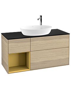 Villeroy und Boch Finion Waschtischunterschrank F942HFPC 120cm, Abdeckplatte black matt, Regale Gold matt lacquer, Oak Veneer