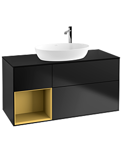Villeroy und Boch Finion Waschtischunterschrank F942HFPD 120cm, Abdeckplatte black matt, Regale Gold matt lacquer, Black matt lacquer