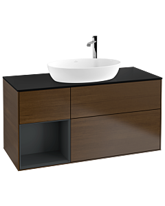 Villeroy und Boch Finion Waschtischunterschrank F942HGGN 120cm, Abdeckplatte black matt, Regale Midnight matt lacquer, Walnut veneer