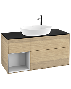 Villeroy und Boch Finion Waschtischunterschrank F942MTPC 120cm, Abdeckplatte black matt, Regale White matt lacquer, Oak Veneer