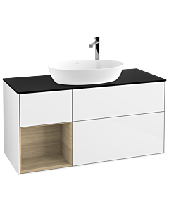 Villeroy und Boch Finion F942PCGF 120cm, plaque de finition noire mate, étagères Oak Veneer , laqué blanc brillant