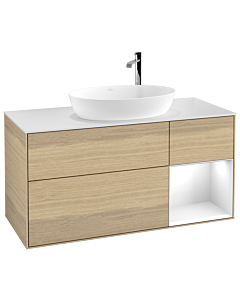 Villeroy und Boch Finion Waschtischunterschrank F951GFPC 120cm, Abdeckplatte white matt, Regale Glossy white lacquer, Oak Veneer