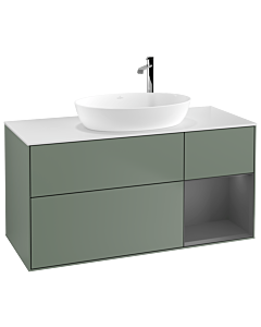 Villeroy und Boch Finion Waschtischunterschrank F951GKGM 120cm, Abdeckplatte white matt, Regale Anthracite matt lacquer, Olive Matt Lacquer