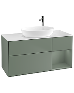 Villeroy und Boch Finion Villeroy und Boch F951GMGM 120cm, plaque de recouvrement blanc mat, étagères laqué olive mat, Olive Matt Lacquer