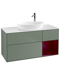 Villeroy und Boch Finion Waschtischunterschrank F951HBGM 120cm, Abdeckplatte white matt, Regale Peony matt lacquer, Olive Matt Lacquer