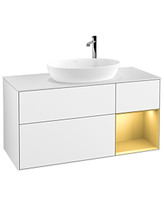 Villeroy und Boch Finion Villeroy und Boch F951HFGF 120cm, plaque de finition blanc mat, étagères laqué or mat, laqué blanc brillant