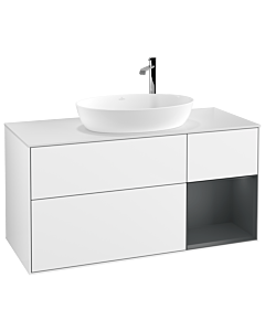 Villeroy und Boch Finion Waschtischunterschrank F951HGGF 120cm, Abdeckplatte white matt, Regale Midnight matt lacquer, Glossy white lacquer