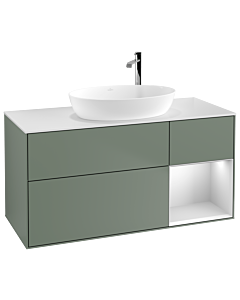 Villeroy und Boch Finion Villeroy und Boch F951MTGM 120cm, plaque de finition blanc mat, étagères laqué blanc mat, Olive Matt Lacquer