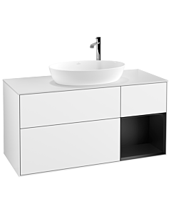 Villeroy und Boch Finion Villeroy und Boch F951PDGF 120cm, plaque de recouvrement blanc mat, étagères laqué noir mat, laqué blanc brillant