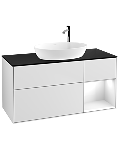 Villeroy und Boch Finion Waschtischunterschrank F952GFMT 120cm, Abdeckplatte black matt, Regale Glossy white lacquer, White matt lacquer