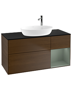 Villeroy und Boch Finion Waschtischunterschrank F952GMGN 120cm, Abdeckplatte black matt, Regale Olive matt lacquer, Walnut veneer
