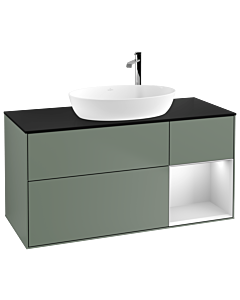 Villeroy und Boch Finion Waschtischunterschrank F952MTGM 120cm, Abdeckplatte black matt, Regale White matt lacquer, Olive Matt Lacquer