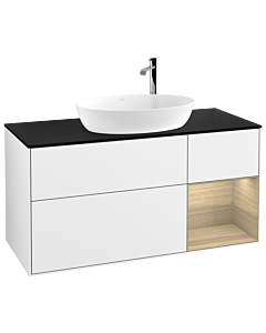 Villeroy und Boch Finion Waschtischunterschrank F952PCGF 120cm, Abdeckplatte black matt, Regale Oak Veneer, Glossy white lacquer