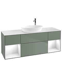 Villeroy und Boch Finion Waschtischunterschrank F981GFGM 160cm, Abdeckplatte white matt, Regale Glossy white lacquer, Olive Matt Lacquer
