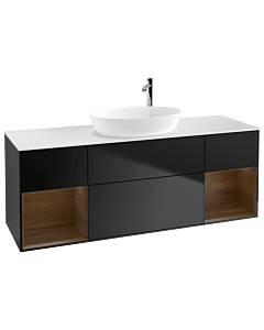 Villeroy und Boch Finion Waschtischunterschrank F981GNPD 160cm, Abdeckplatte white matt, Regale Walnut Veneer, Black matt lacquer