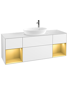 Villeroy und Boch Finion Waschtischunterschrank F981HFGF 160cm, Abdeckplatte white matt, Regale Gold matt lacquer, Glossy white lacquer