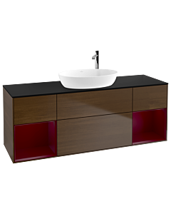 Villeroy und Boch Finion Waschtischunterschrank F982HBGN 160cm, Abdeckplatte black matt, Regale Peony matt lacquer, Walnut veneer