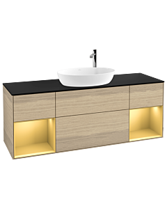 Villeroy und Boch Finion Waschtischunterschrank F982HFPC 160cm, Abdeckplatte black matt, Regale Gold matt lacquer, Oak Veneer