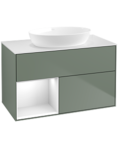 Villeroy und Boch Finion Villeroy und Boch FA11GFGM 100cm, plaque de recouvrement blanc mat, étagères Laque blanche brillante, Olive Matt Lacquer
