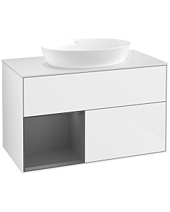 Villeroy und Boch Finion Waschtischunterschrank FA11GKGF 100cm, Abdeckplatte white matt, Regale Anthracite matt lacquer, Glossy white lacquer