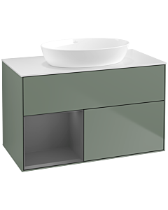 Villeroy und Boch Finion Villeroy und Boch FA11GKGM 100cm, plaque de recouvrement blanc mat, étagères laqué mat anthracite, Olive Matt Lacquer