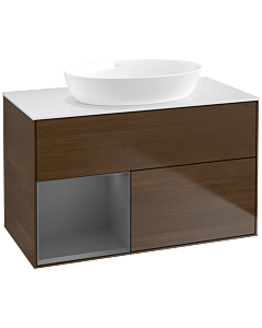 Villeroy und Boch Finion Waschtischunterschrank FA11GKGN 100cm, Abdeckplatte white matt, Regale Anthracite matt lacquer, Walnut veneer